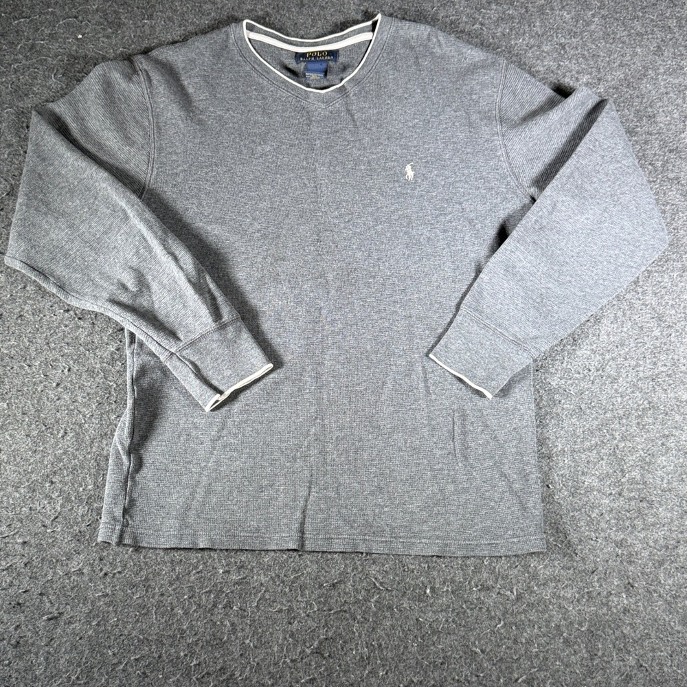 Polo Ralph Lauren Mens Gray Waffle Knit Thermal V-Neck Shirt Long Sleeve Size M